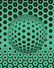 3D design on hexagonal mosaic tiles overlayered on a spherical surface on a black background