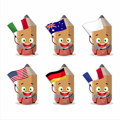 Pencil cartoon character bring the flags of various countries