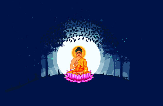 buddha buddhism meditation silhouette, Buddha sitting under bodhi tree background. Vector Illustration