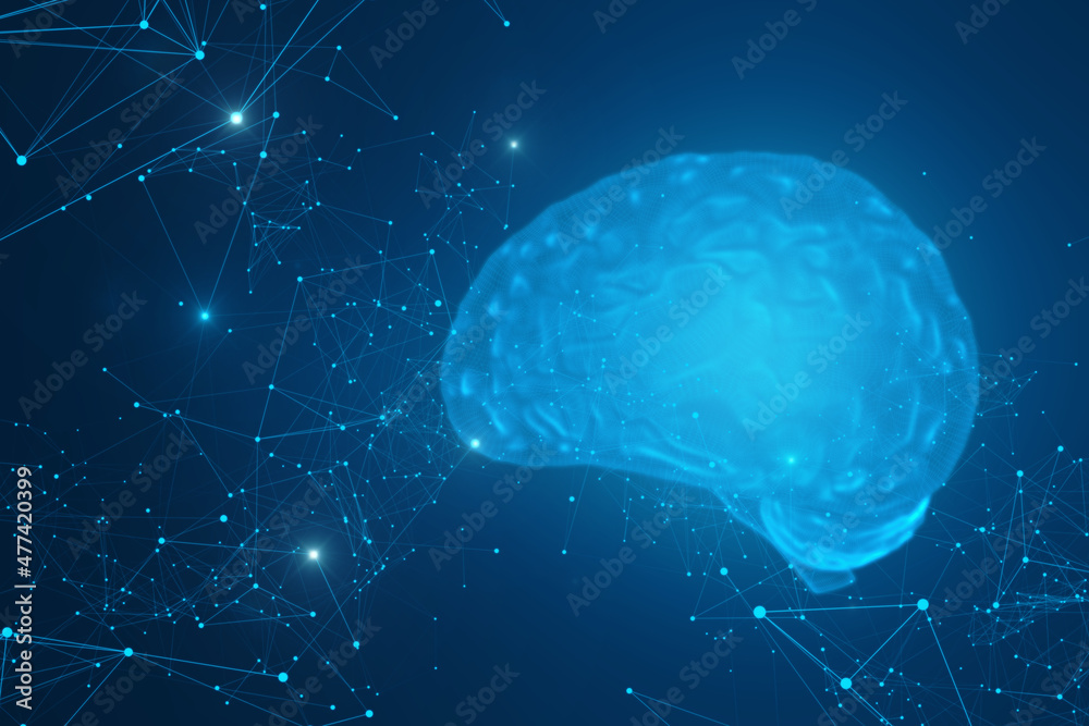 Poster abstract glowing blue polygonal brain interface on blurry background. ai and technology concept. 3d 