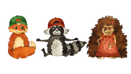 Funny watercolor forest animals in clothes