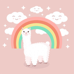 Cute llama or alpaca on a background of rainbow and cheerful clouds. Vector illustration for greeting card, poster, texture, textile, decor. Cartoon character.