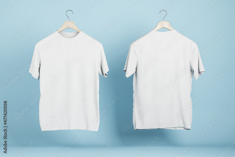 Poster empty white t-shirts on blue wall background, product design and presentation concept. mock up logo.