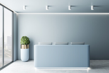 Modern office interior with reception desk, decorative plant, blue concrete wall and window with...