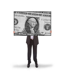 Business man holding a very large dollar bill, isolated