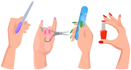 Various accessories and tools for working with hands and nails. Scissors, nail file, polish in woman hands. Hand care products, manicure supplies. Manicurist equipment set vector illustration