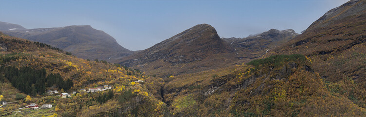 Norway mountain landscape in Geiranger area, autumn, low mountains