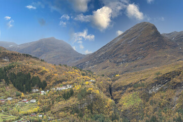 Norway mountain landscape in Geiranger area, autumn, low mountains