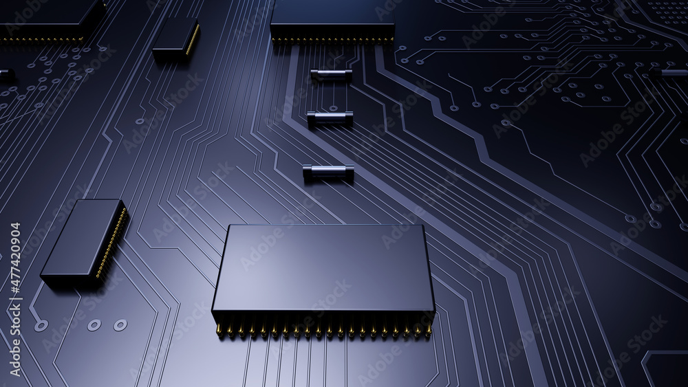 Poster Printed circuit board futuristic server/3D Illustration. Circuit board futuristic server code processing. Blue; black  technology background.