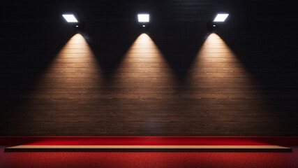 Spotlights and a wooden stage with a black background. 3D illustration