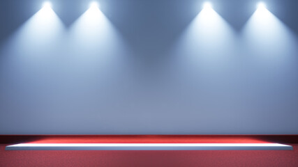 Obraz premium White scene on with spotlights and Red floor. 3D illustration