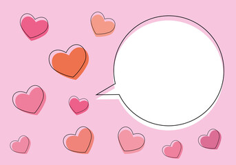 Pink hearts with white speech bubble on pink background. Greeting design for Valentines or Wedding, Holiday illustration for greeting card, Love concept. space for text. paper cut design style.