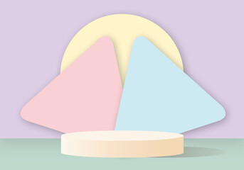 Pastel product background stand or podium pedestal with colour geometric shapes and shadow on empty display with colourful pastel backdrop. copy space. illustration of 3d paper cut design style.