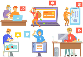 Hacker attack. Hacker breaks into computer. Cyber attacker cracker trying to hack laptop password, masked man sitting at table. Breaking login, pin code, cracking screen lock, cartoon vector set