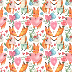 Watercolor seamless pattern with cute foxes in love and a heart-shaped balloon. Valentine's Day holiday.