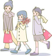 Illustration of three girls in winter in Japan