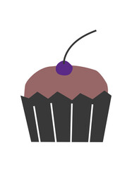 Vector isolated flat illustration with chocolate muffin decorated by cherry on top. Home made cupcake is delicious food for Christmas dinner or Birthday party. Minimalistic design on white background