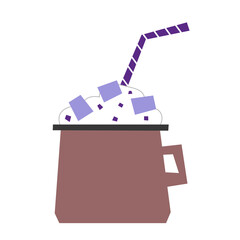 Vector isolated flat illustration with hot cocoa cup with whipped cream topping. Hand drawn Christmas drink in mug is decorated by marshmallow and straw. White background