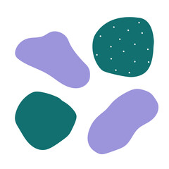 Vector flat geometric illustration set with purple and green abstract shapes. Collection of isolated hand drawn spots on white background