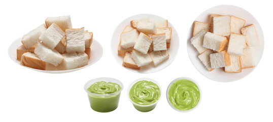 Thai pandan custard and bread on white background