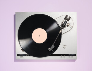 Flat lay composition with retro vinyl player and record. Scene of retro friendly meetings,...