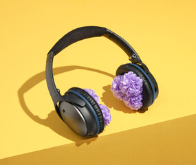 Composition of headphones for listening to music. Beautiful lilac flowers stand out from the...