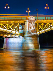 Illuminated night view of Margit or Margaret Bridge. Exciting cityscape of Budapest, World Heritage Site by UNESCO, Hungary, Europe. Traveling concept background..