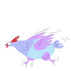 One lilac chicken running in fear. Cute vector illustration isolated on white background