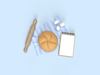 3d render. Homemade recipes and delicious food. Rolling pin, eggs, bread and notepad for writing text.