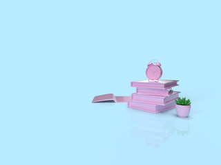 3d render. Time to educate yourself. School theme. A stack of books, an alarm clock on top. minimalistic style. Pink background.