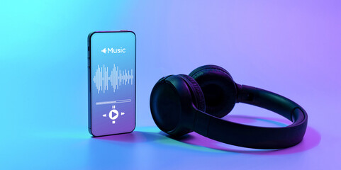Music background. Mobile smartphone screen with music application, sound headphones. Audio voice...