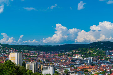 Germany, Panorama view above stuttgart city houses and church steeple, the skyline of the big city on a sunny day in summer