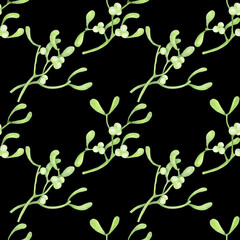 Watercolor seamless mistletoe pattern isolated on black background.Good for fabrics,textile,clothes.
