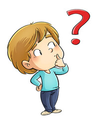 Illustration of child with expression thinking and questioning symbol - 477426149