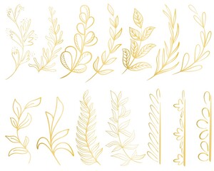 Fototapeta na wymiar Set of gold leafy botanical twig isolated vector illustration. Beautiful golden branches with leaves for frames and wreaths. Natural decoration for invitations and decor
