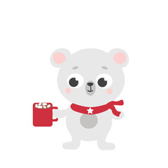 A cute little white bear cub in a red scarf holds a big red mug with cocoa and marshmallows. Christmas cute character. Merry Christmas. Vector illustration.