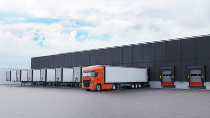 Truck and trailers in front of a warehouse loading dock. - 477428582