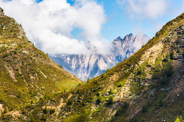 Beautiful mountains landscape with clouds in Italy, South Tirol