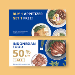 Voucher template with Indonesian cruisine concept,watercolor style