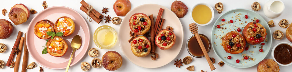 Concept of tasty food with baked apple on white background