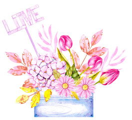 Watercolor Bouquet in a wooden box with tulips, gerberas, love