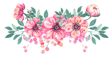 Watercolor composition of anemone flowers