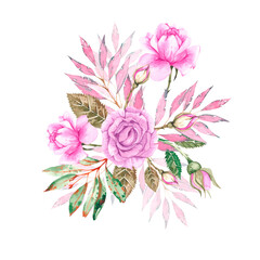 Watercolor composition with roses, buds