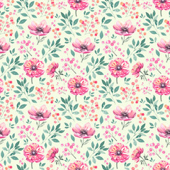 Watercolor pattern with sprigs of berries, anemones