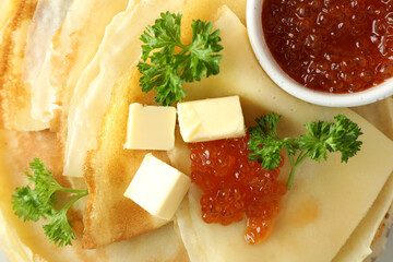 Concept of tasty food with crepes, close up