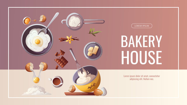 Banner design with baking elements. Baking, bakery shop, cooking, sweet products, dessert, pastry concept. Vector illustration for poster, banner, flyer, menu, advertising.