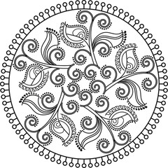 Indian Traditional and Cultural Rangoli, Alpona, Kolam, or Paisley vector line art. Bengal art India. for textile printing, logo, wallpaper