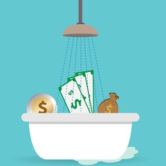 Naklejka premium Dollar coin and baknote in bath tube, money laundering concept