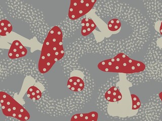 Dim seamless pattern of red fly agarics on a grey spotted background.