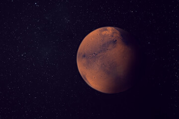 Planet Mars with craters and mountains with Stars in the  background